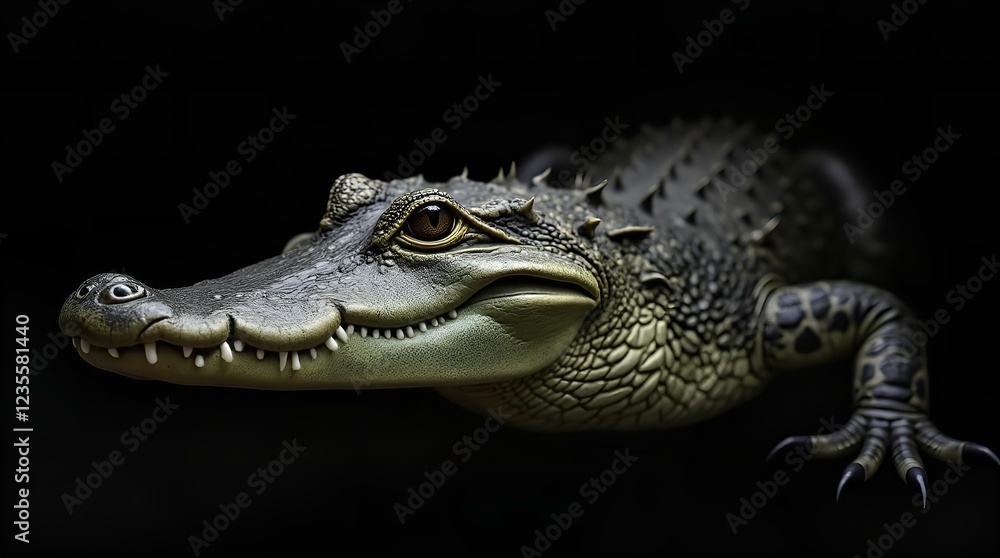 Fototapeta premium Close Up of a Juvenile Alligator on Black Background Dramatic Wildlife Photography Dark Moody Reptile Portrait Nature Image
