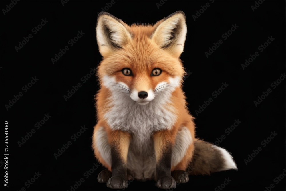 Fototapeta premium Young fox sitting on black background with round face, big eyes, and calm expression digital illustration.