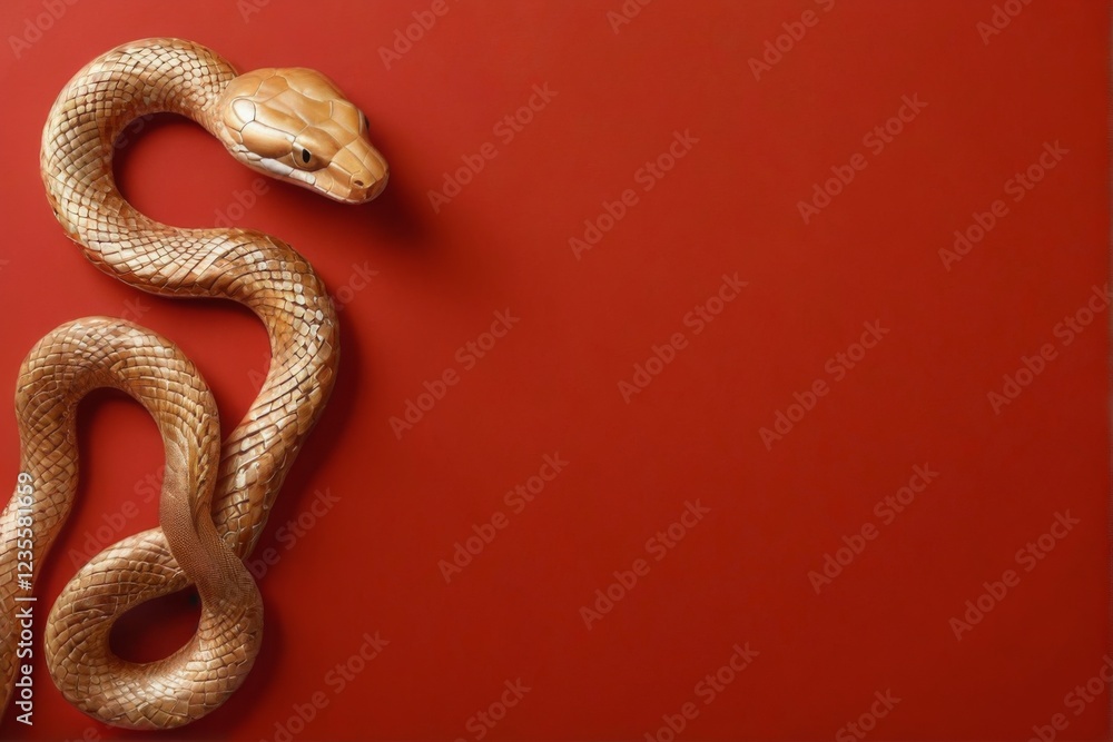 Fototapeta premium Golden serpent coiled on red background with intricate scales and serene expression, head turned left, eyes closed.