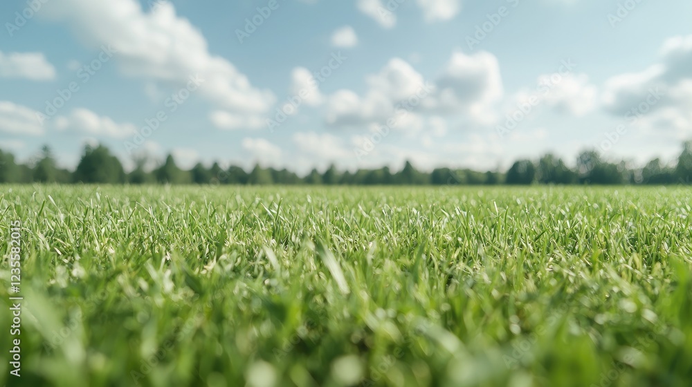 Lush green grass field, sunny sky, trees background; nature scene