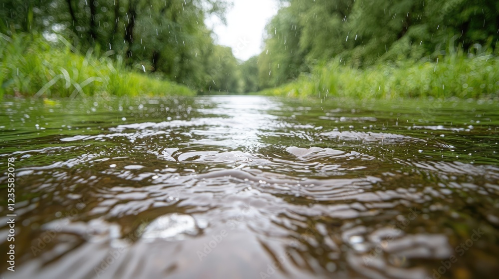 Fototapeta premium Flowing river water ripples close up with green forest trees lining the banks under soft daylight.
