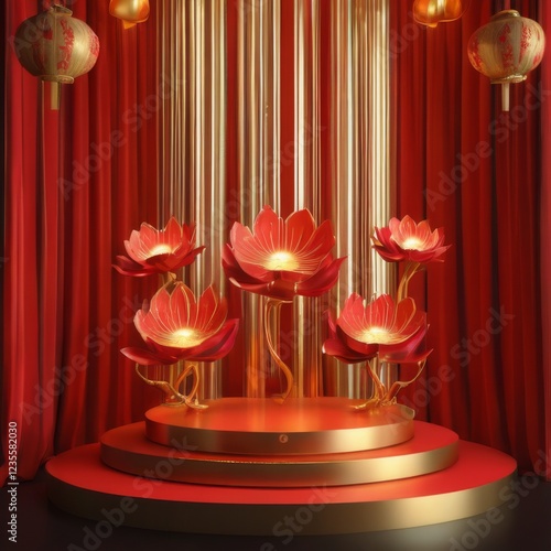 3D rendering of luxurious circular stage with red lotus flowers, lanterns, and gold accents in red and gold palette. photo