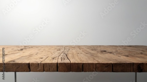 Closeup of weathered and aged light wood table top against a plain white wall, lowangle view.