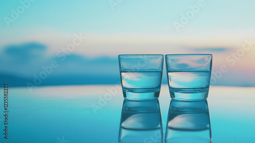 two cute drinking glasses placed closely together, symbolizing love and destined connection,as if they are a couple. their reflections two cute visible on the surface below, blue sky in the background