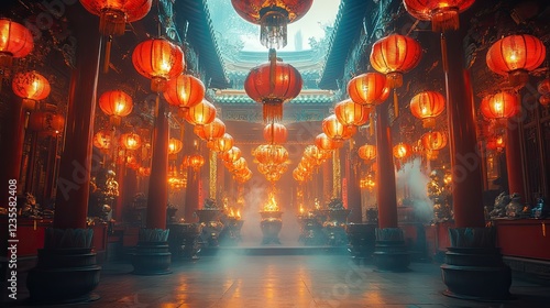 Une allée de lanternes rouges illuminant un temple ancien, créant une atmosphère mystique et festive.