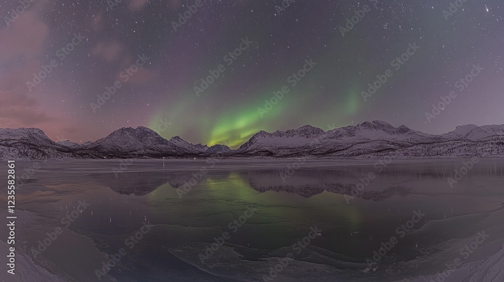 Naklejka premium Aurora borealis over snowy mountains reflecting in frozen lake