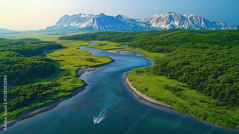 Boat on river, mountain view, summer Boat on river, mountain view, summer