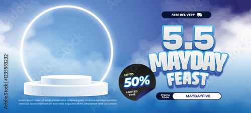 5.5 Mayday feast Shopping Sale discount deals Light Blue gradient exclusive White Circle light podium showcase Stage Cloudy Horizontal banner Template
