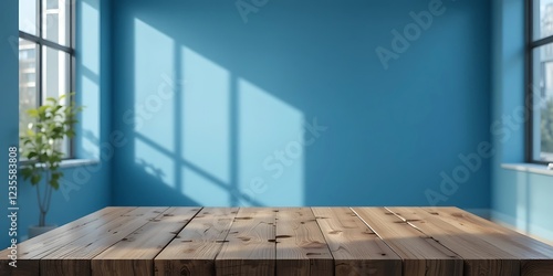 Wooden Tabletop In A Sunlit Blue Room photo