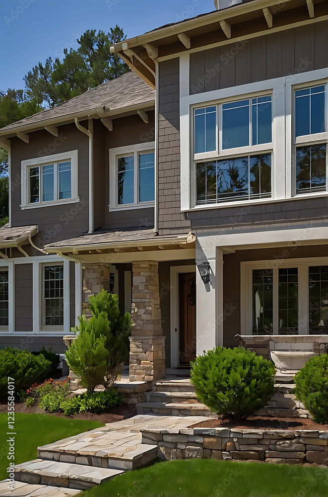 Luxury Modern Home Exterior with Stone Accents and Landscaped Garden. Beautiful Contemporary House Design, Real Estate, Architecture Luxury Modern Home Exterior with Stone Accents and Landscaped Garden. Beautiful Contemporary House Design, Real Estate, Architecture