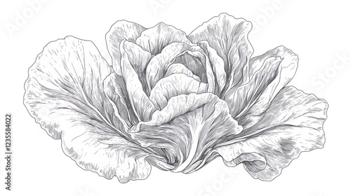 Detailed pencil sketch of cabbage; white background; food illustration