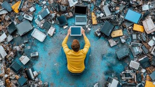 person sitting among electronic waste, holding tablet, surrounded by discarded devices photo