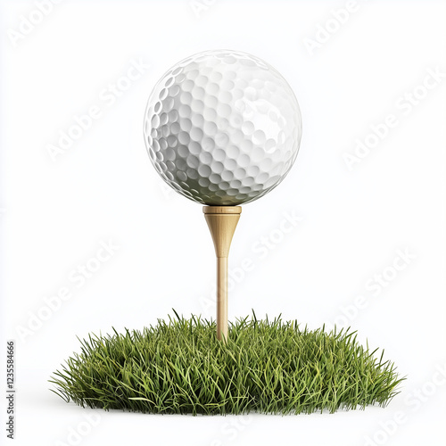 A golf ball on a tee in a small patch of grass against a white background