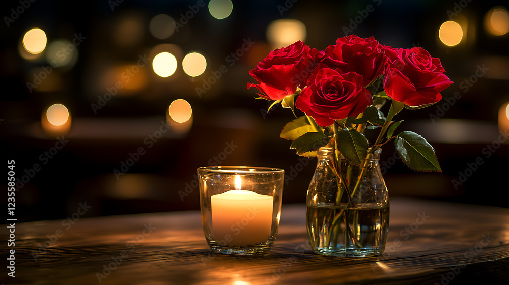 A romantic setting featuring red roses in a vase next to a lit candle, creating a warm and inviting atmosphere. A romantic setting featuring red roses in a vase next to a lit candle, creating a warm and inviting atmosphere.