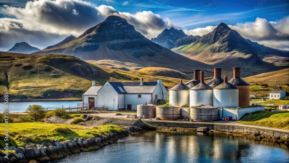 Naklejka premium Distillery on Islay Island with rugged mountains and sea