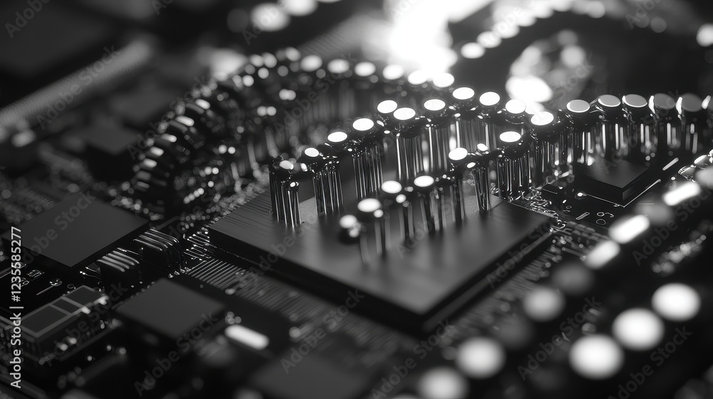 Microchip merging with biological DNA strand side view cybernetic tone Black and white. Microchip merging with biological DNA strand side view cybernetic tone Black and white.