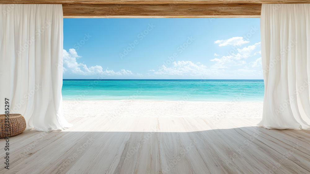Fototapeta premium serene beachside view with soft white curtains framing ocean