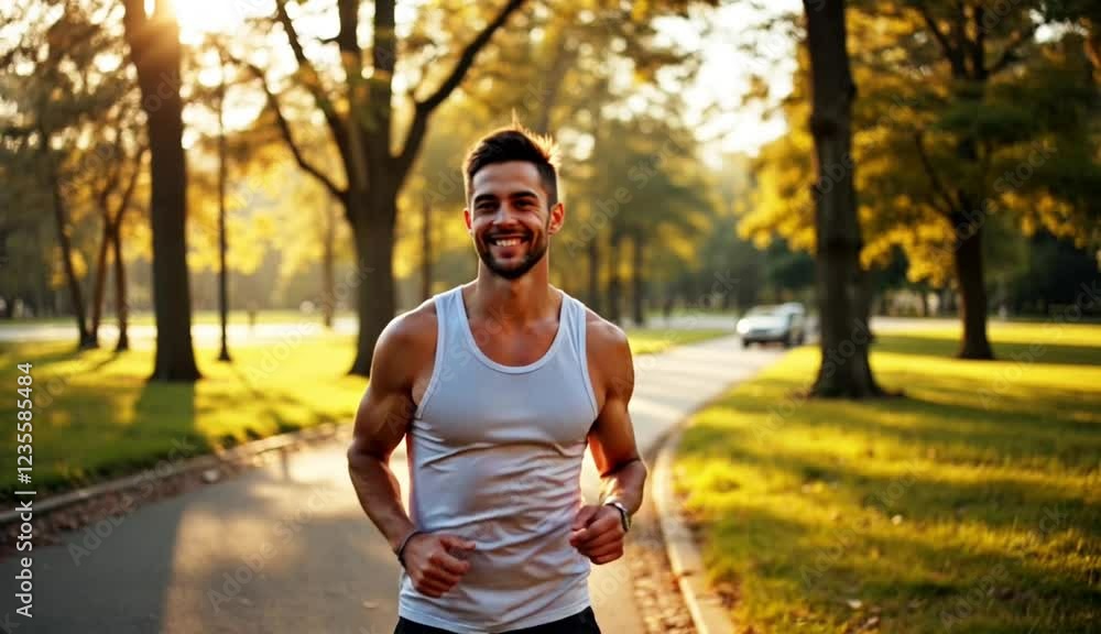 a man running in a city park with beautiful sunlight a man running in a city park with beautiful sunlight