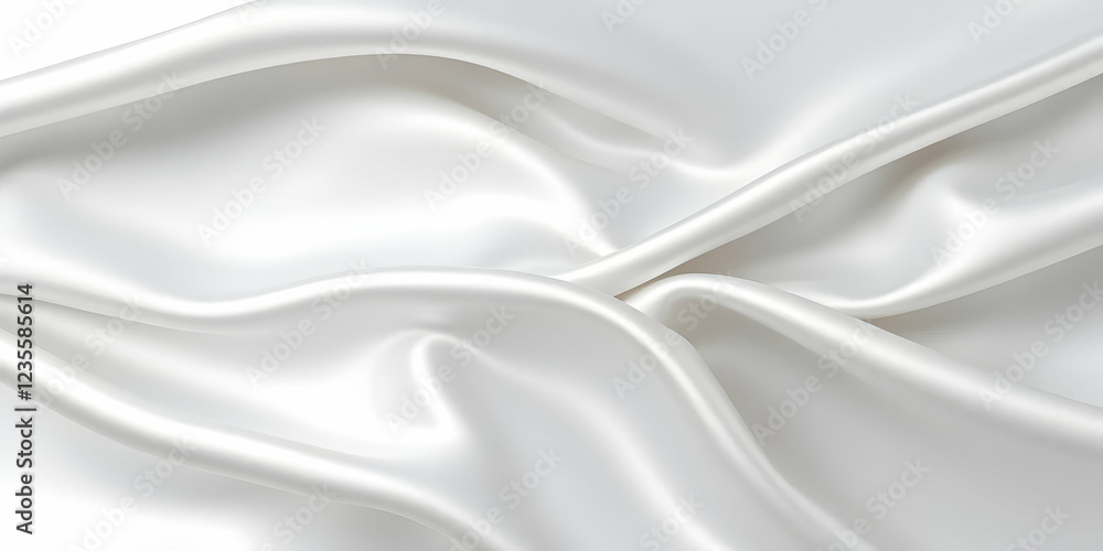 Naklejka premium Flowing white silk fabric, smooth texture, elegant drapery, soft folds, minimalist, monochromatic, gentle curves, satin sheen, abstract background, luxurious material, subtle shadows, high-key lightin