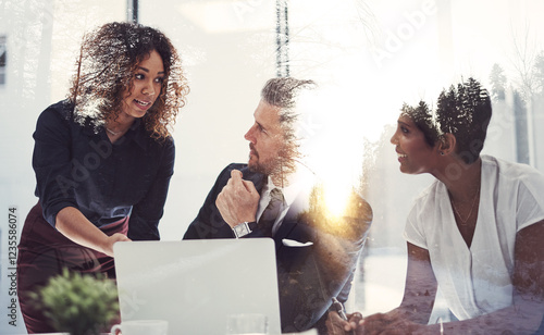 Group, double exposure and business people planning with laptop in meeting with sustainability consultant. Team, office training and discussion with manager for eco friendly project on nature overlay photo