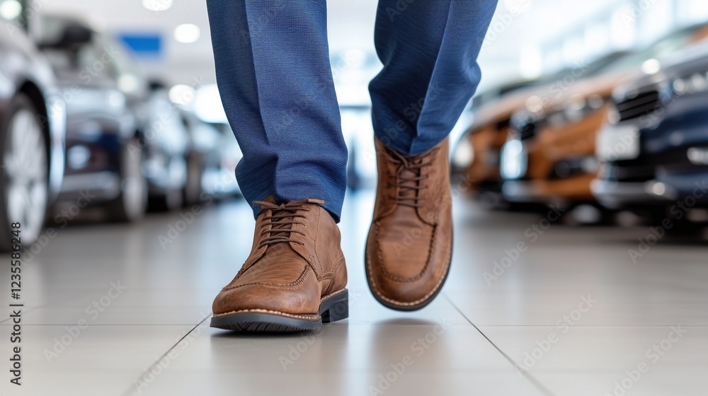 Fototapeta premium person is taking confident strides in polished brown shoes while navigating through a well-lit car dealership filled with cars on display. Attention is drawn to the stylish footwear