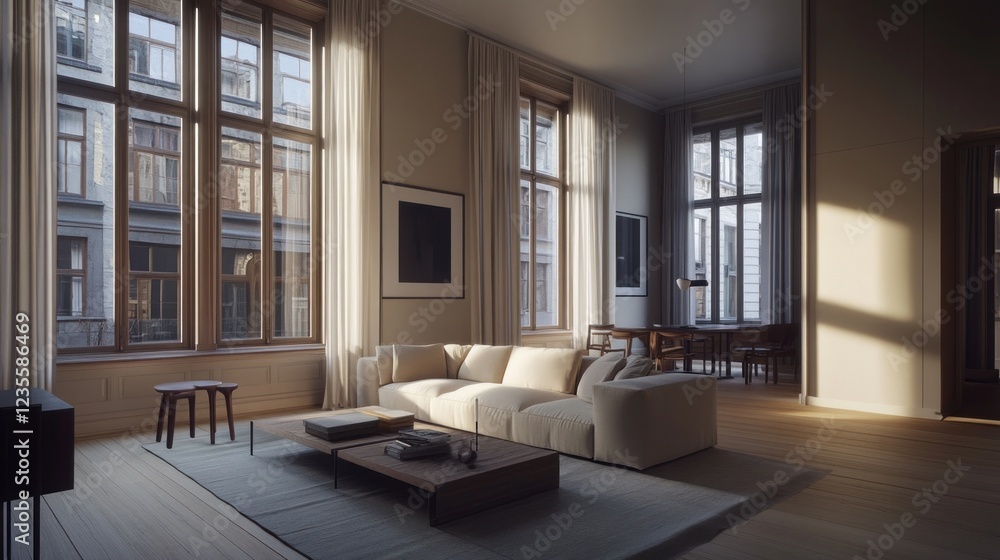 Fototapeta premium Sunlit modern living room with large windows, beige sofa, and wooden floors.