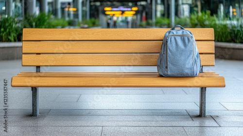 simple backpack resting on bench at empty train station