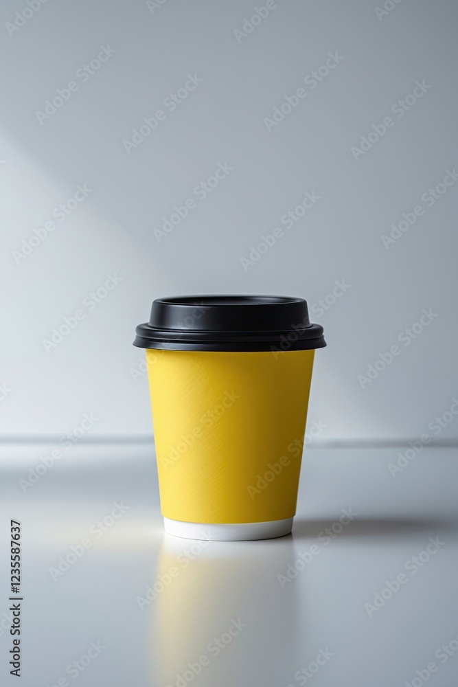 single yellow paper coffee cup with a black lid, poised against a crisp, plain white background that creates a striking contrast and makes the cup stand out. The cup is centered in the frame single yellow paper coffee cup with a black lid, poised against a crisp, plain white background that creates a striking contrast and makes the cup stand out. The cup is centered in the frame