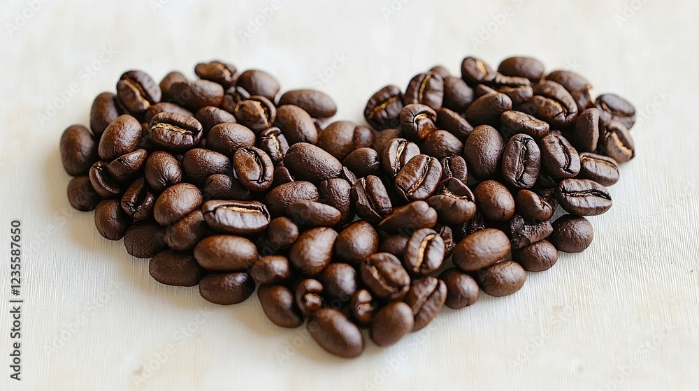Naklejka premium Heart-shaped arrangement of coffee beans on a light wooden surface, evoking warmth