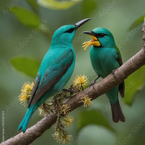 A lovely green honeycreeper feeding nectar to its adorable baby. photo