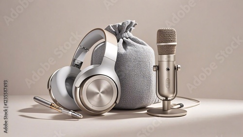 The image showcases a collection of audio related items arranged on a neutral toned surface. photo