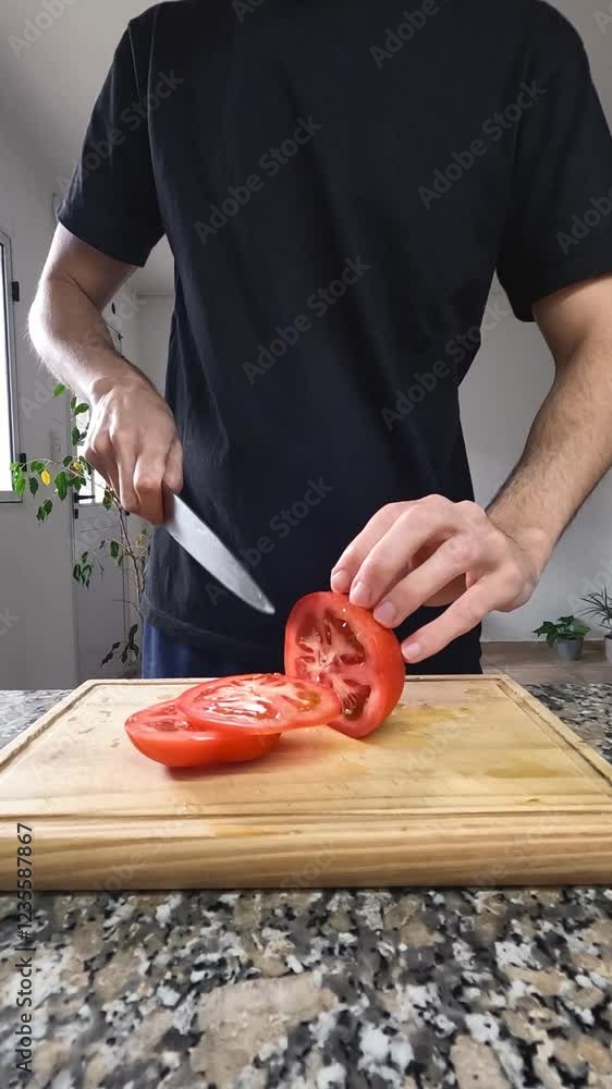 Front vertical shot of man cutting a tomato in slices at home kitchen. Front vertical shot of man cutting a tomato in slices at home kitchen.