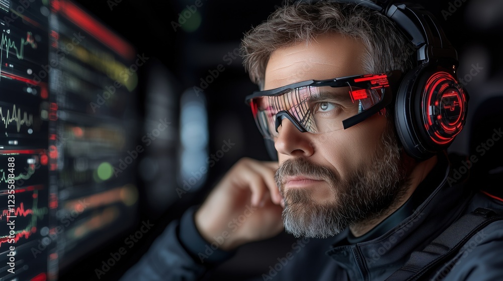 focused individual with a beard is wearing modern glasses and headphones, intently observing colorful data visualizations on several screens in a dimly lit control room at night