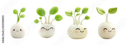 A collection of 3D cute sprout vegetable characters, smiling sprout characters, 3D sprouts, cute vegetables, 3D characters. on transparent background