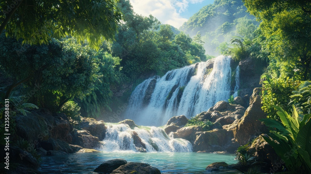 Naklejka premium Lush jungle waterfall cascades into tranquil pool; sunlit, misty background; ideal for travel brochures