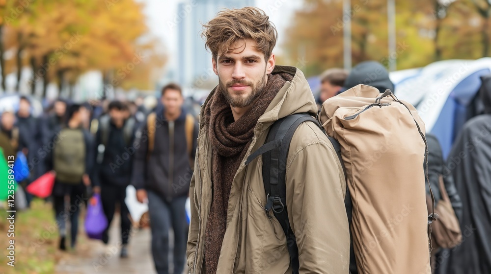 young man with a stylish haircut and a scarf stands amidst a bustling street filled with people. Autumn leaves decorate the scene, creating a vibrant atmosphere young man with a stylish haircut and a scarf stands amidst a bustling street filled with people. Autumn leaves decorate the scene, creating a vibrant atmosphere