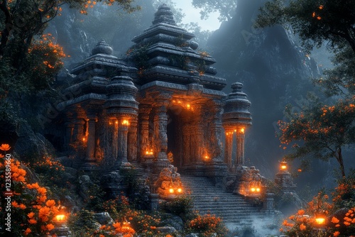 Ancient temple, jungle setting, night scene, mystical atmosphere, fantasy game asset