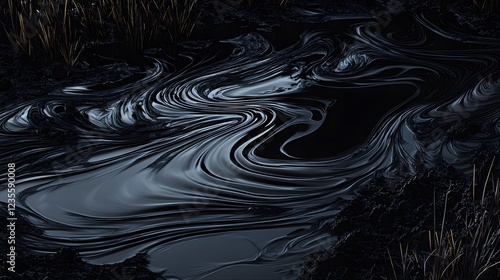Dark Swirling Abstract Texture of Oil on Water Reflecting Nature