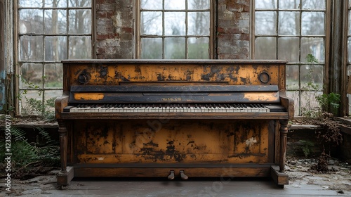 Vintage piano in an abandoned building with overgrown plants and broken windows, evoking nostalgia photo