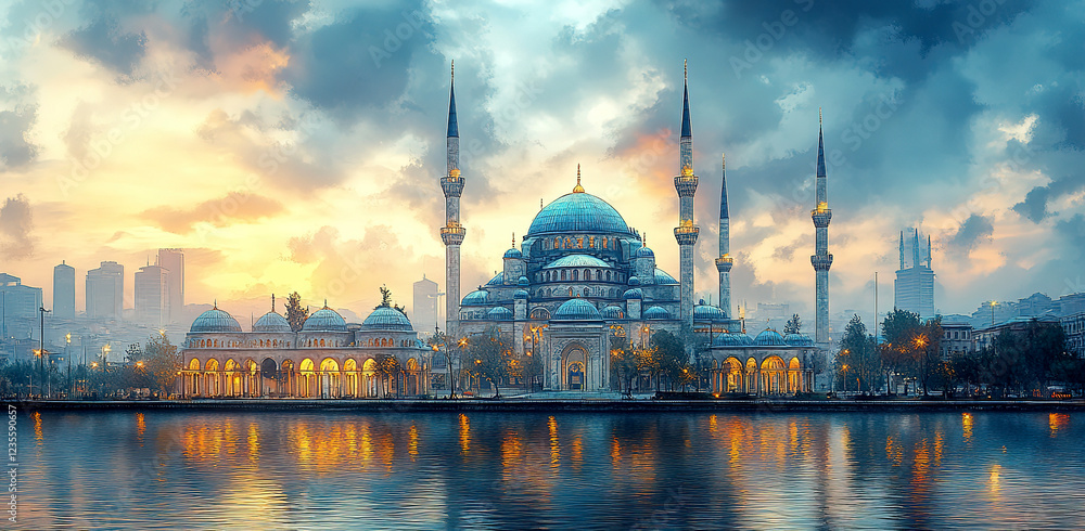 Obraz premium Majestic Istanbul Mosque at Sunrise Reflected on Water