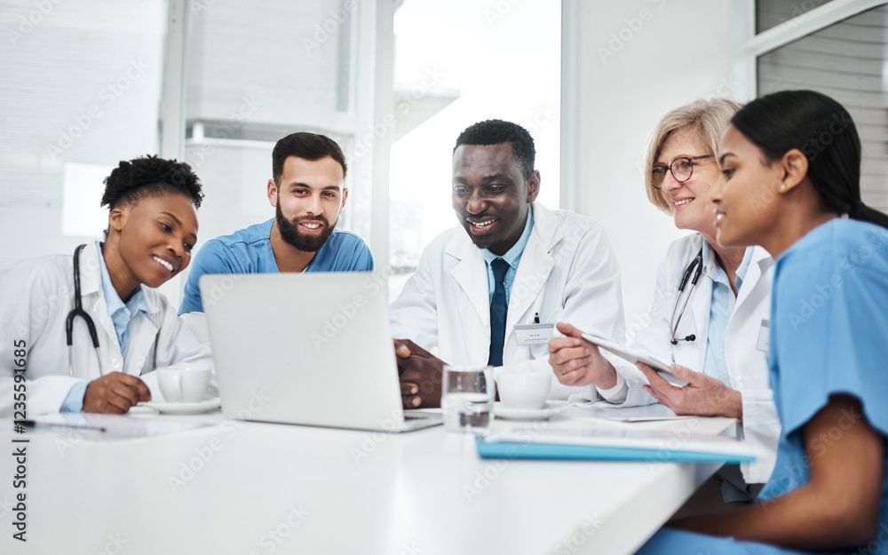 Team, meeting and doctor with laptop for online patient report, results review and diagnosis advice. Healthcare, medical people and communication in hospital, clinic or health facility schedule Team, meeting and doctor with laptop for online patient report, results review and diagnosis advice. Healthcare, medical people and communication in hospital, clinic or health facility schedule