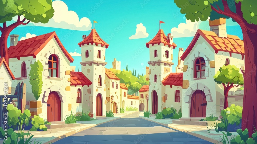 Naklejka premium Idyllic Medieval Village Street Scene with Tower Houses under a Sunny Sky