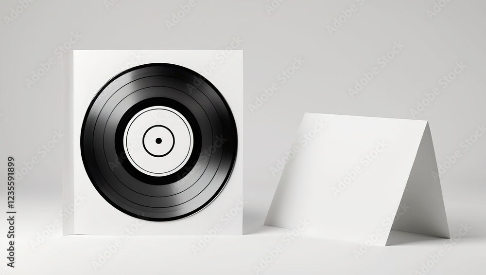 digital illustration of a vinyl record. The record is black and white in color and is placed on a white background. On the left side of the image, there is a blank white card with a curved edge. digital illustration of a vinyl record. The record is black and white in color and is placed on a white background. On the left side of the image, there is a blank white card with a curved edge.