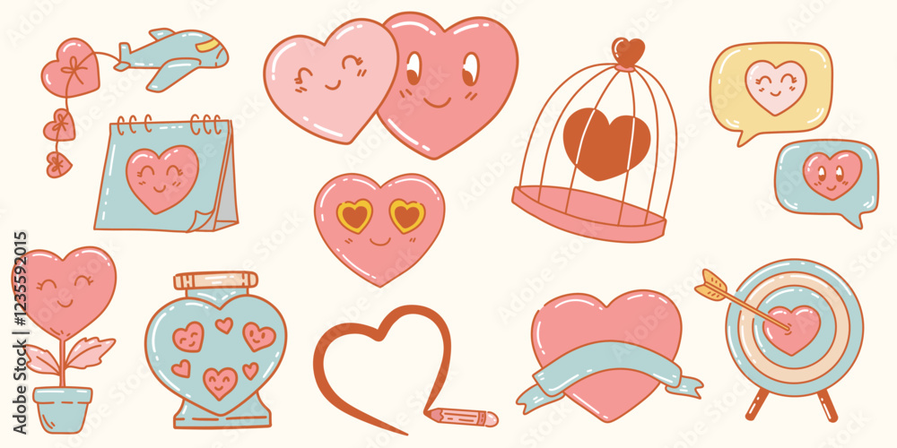 Cute heart shape emoticons hand drawn icons stickers for valentine's day Cute heart shape emoticons hand drawn icons stickers for valentine's day