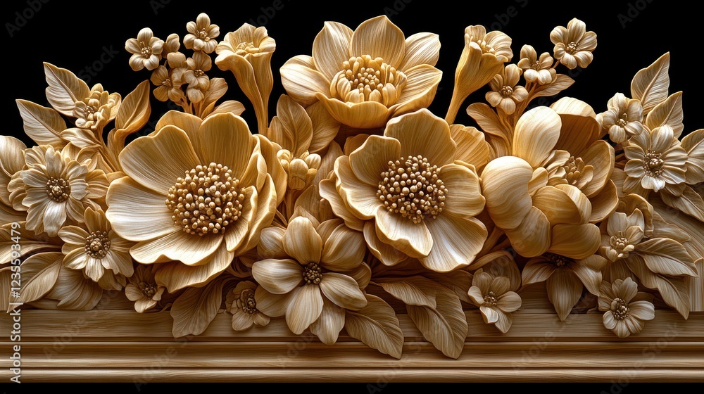 Intricate Wooden Floral Carving, Dark Background, Decor Intricate Wooden Floral Carving, Dark Background, Decor