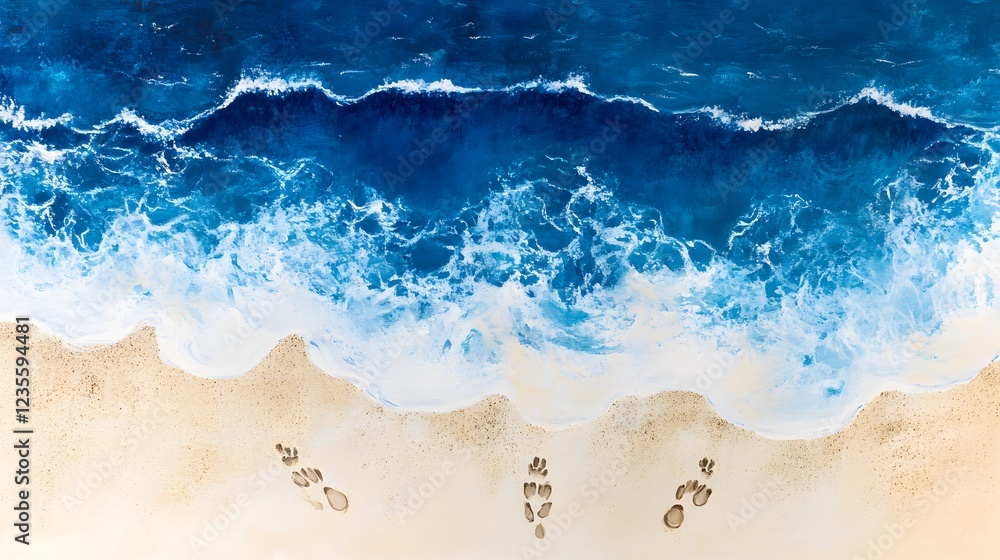 Tranquil Beach Scene with Footprints in the Sands and Ocean Waves