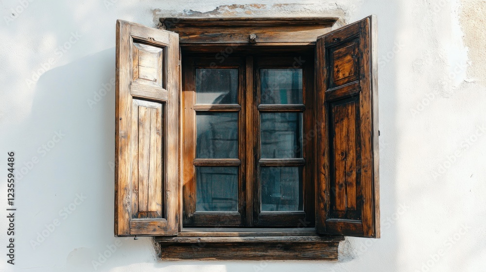 Old wooden window open, sunlight, textured wall, historic building, architectural detail Old wooden window open, sunlight, textured wall, historic building, architectural detail