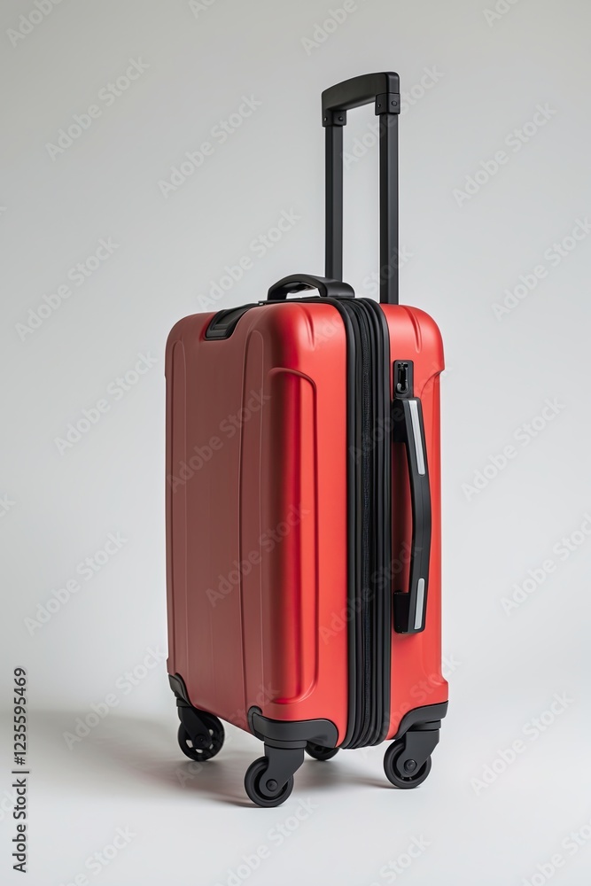 red suitcase with a black handle and wheels. The suitcase appears to be made of a hardshell material and has a rectangular shape with rounded edges. red suitcase with a black handle and wheels. The suitcase appears to be made of a hardshell material and has a rectangular shape with rounded edges.