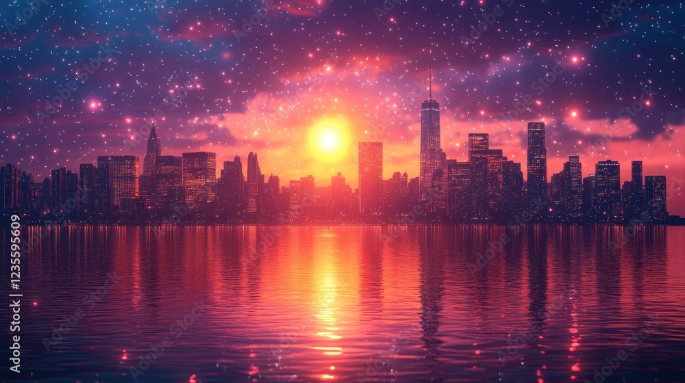 Fototapeta premium Magical NYC sunset, starry sky, cityscape reflection
