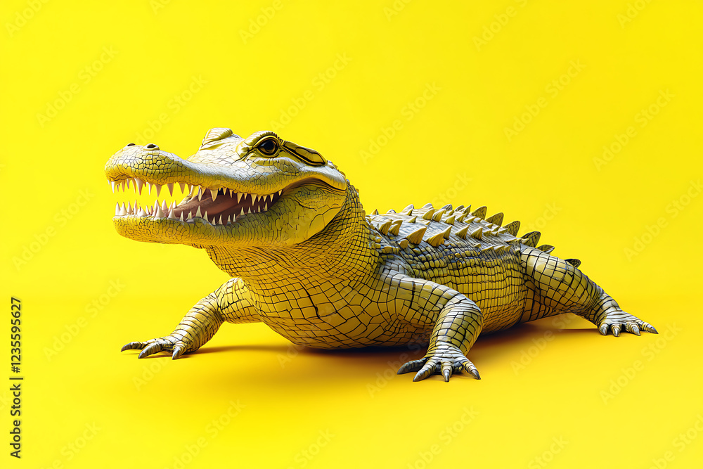 Obraz premium crocodile on a yellow background, crocodile on a blank yellow background, a crocodile, crocodile, cute crocodile, yellow background, Copy Space For Add Text 3D Rendering, 3D, Vector, AI Generative